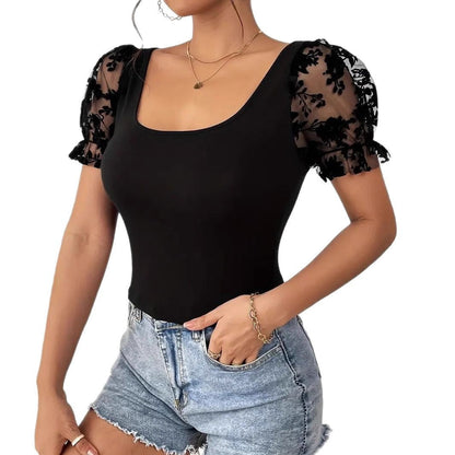 Damkropp med Transparenta Tyllärmar och Blommiga Detaljer – Elastisk Tröja med Rund Halsringning 4