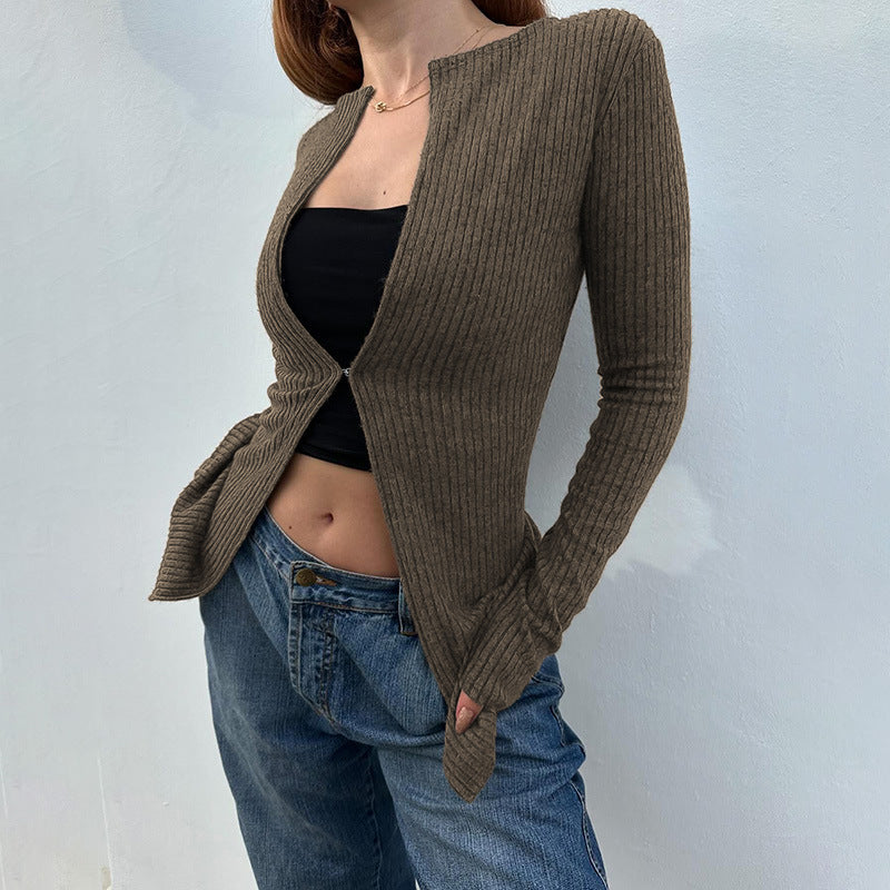 Långärmad Damjacka med Öppen Design i Stretchigt Material – Figur-Huggande Passform för Elegant och Avslappnad Stil 4