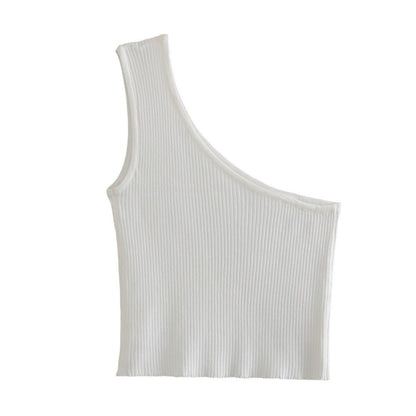 Dam Topp Asymmetrisk Ribbad Polyester Ärmlös-3