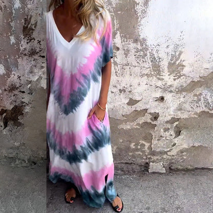 Variant image for Damklänning V-ringad A-linjeform Tie-Dye Polyester Korta Ärmar-9