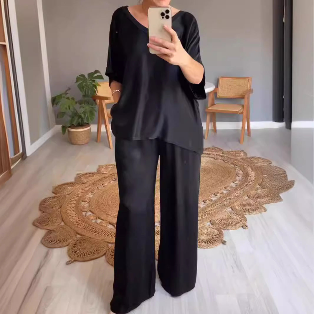 Dam Byxdress V-Hals Tre-Fjärdedelsärmar Siden-2