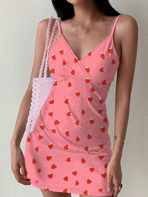 Kvinnors V-Ringad Klänning Jordgubbsprint Polyester-1