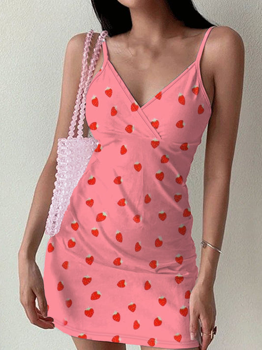 Kvinnors V-Ringad Klänning Jordgubbsprint Polyester-1
