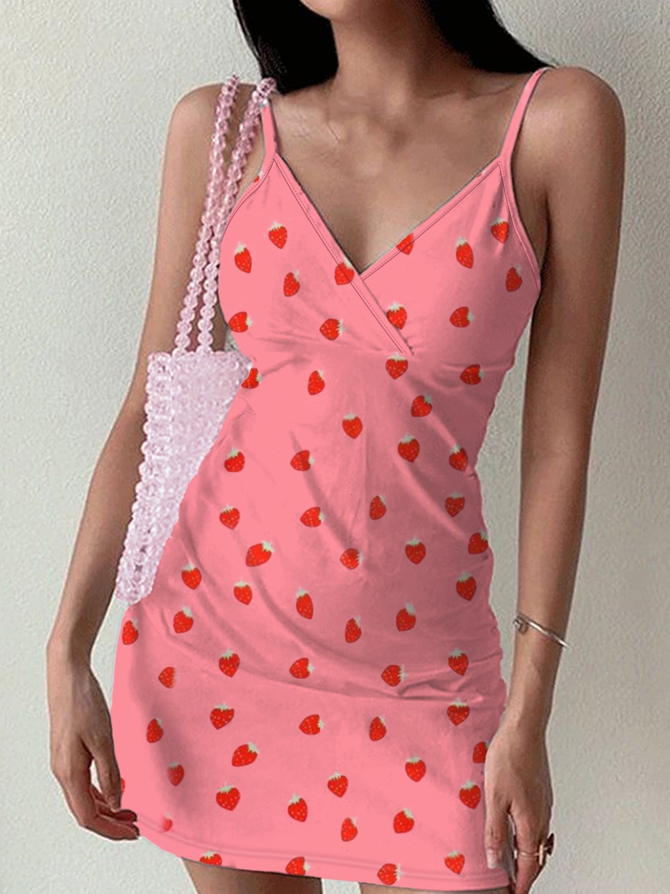 Variant image for Kvinnors V-Ringad Klänning Jordgubbsprint Polyester-1