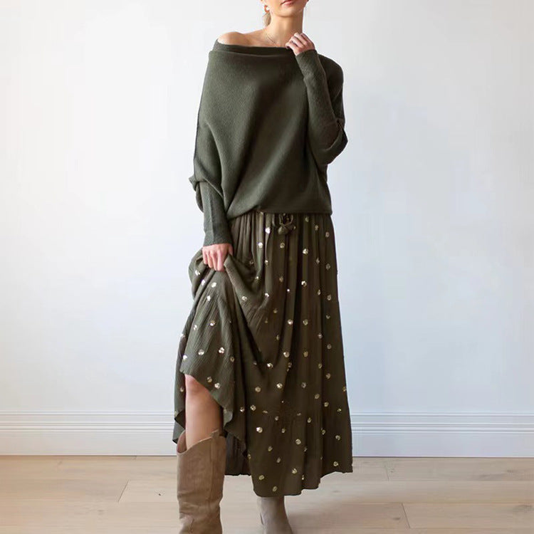 Dam Tröja Off-Shoulder Viskos Batwing Ärmar-4