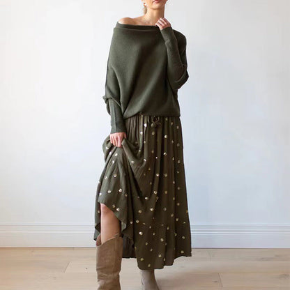 Dam Tröja Off-Shoulder Viskos Batwing Ärmar-4