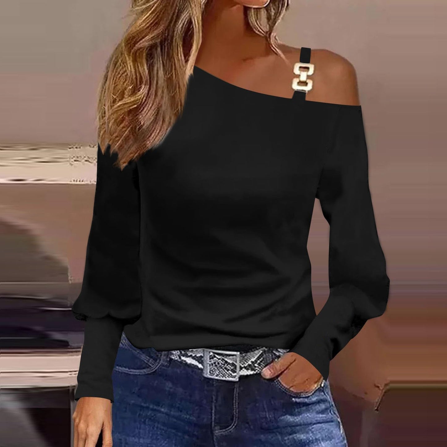 Asymmetrisk Långärmad Topp för Dam med Metallisk Spänne – Svart och Vit Polyester 2