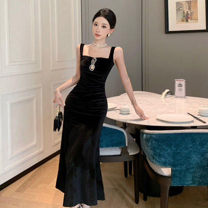 Kvinnors Lång Klänning Spaghetti Band Högkvalitativt Tyg-2