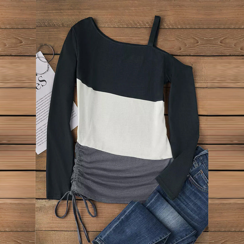 Långärmad T-Shirt Dam Färgblockering 100% Bomull Avslappnad Passform-3