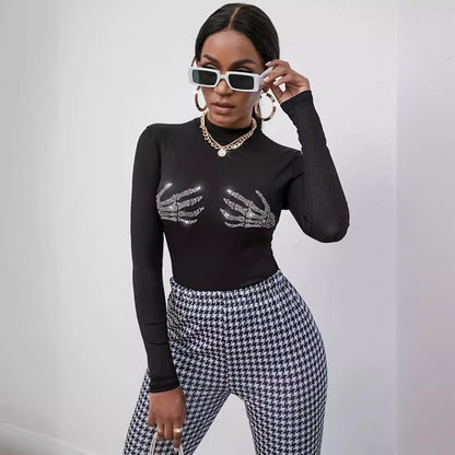 Dam Långärmad T-shirt Slim Fit Polyester med Strassdetaljer-4