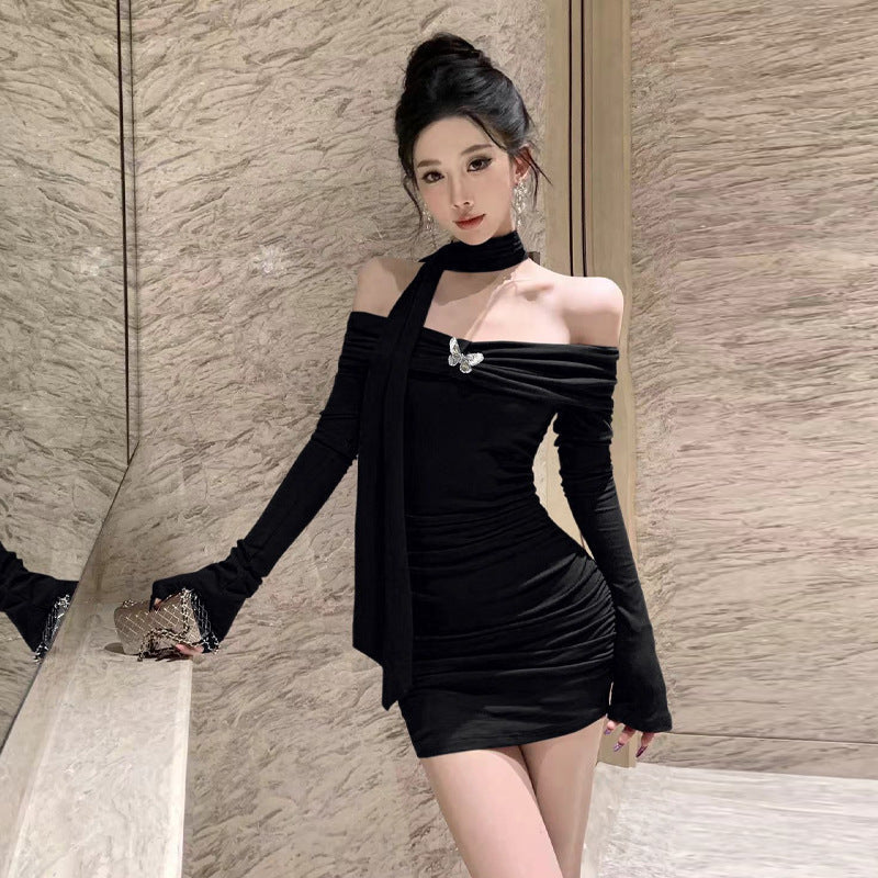 Dam Bodycon Klänning Långa Ärmar Rynkade Detaljer Polyester-2