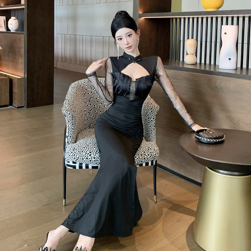 Kvinna Qipao Klänning Långärmad Polyester Bomull-4