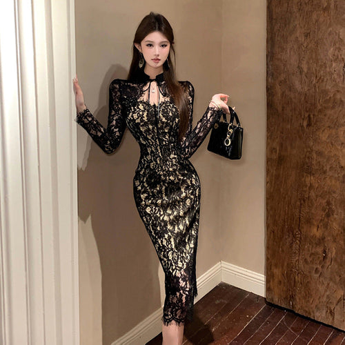 Kvinnors Midi Klänning Bodycon Patchwork Långärmad-1