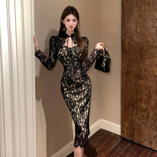 Kvinnors Midi Klänning Bodycon Patchwork Långärmad-1