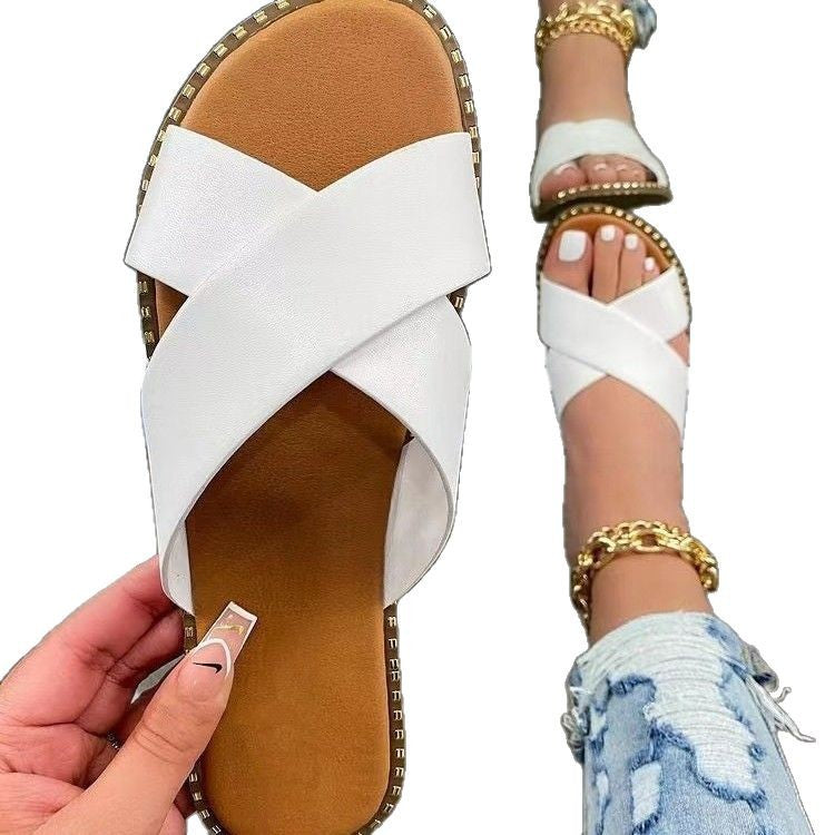 Dam Sandaler Tvärdesign Syntetiskt Läder med Gulddekoration-6