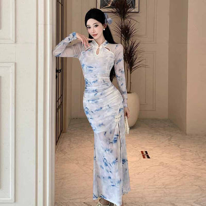 Kvinna Qipao Klänning Långärmad Tryckt Polyester-1