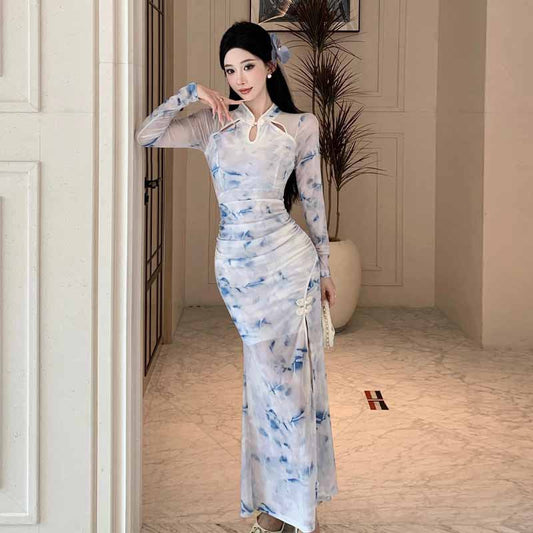 Kvinna Qipao Klänning Långärmad Tryckt Polyester-1