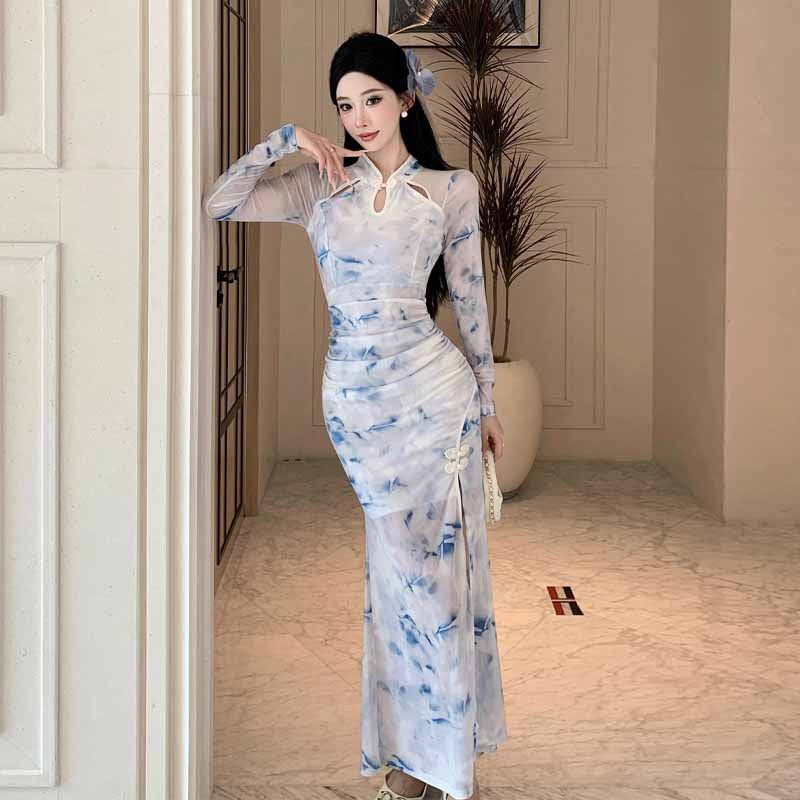 Variant image for Kvinna Qipao Klänning Långärmad Tryckt Polyester-1