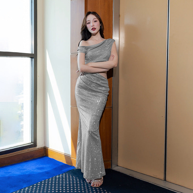 Kvinnors Aftonklänning En-Axel Glittrande Detaljer Högkvalitativt Tyg 7