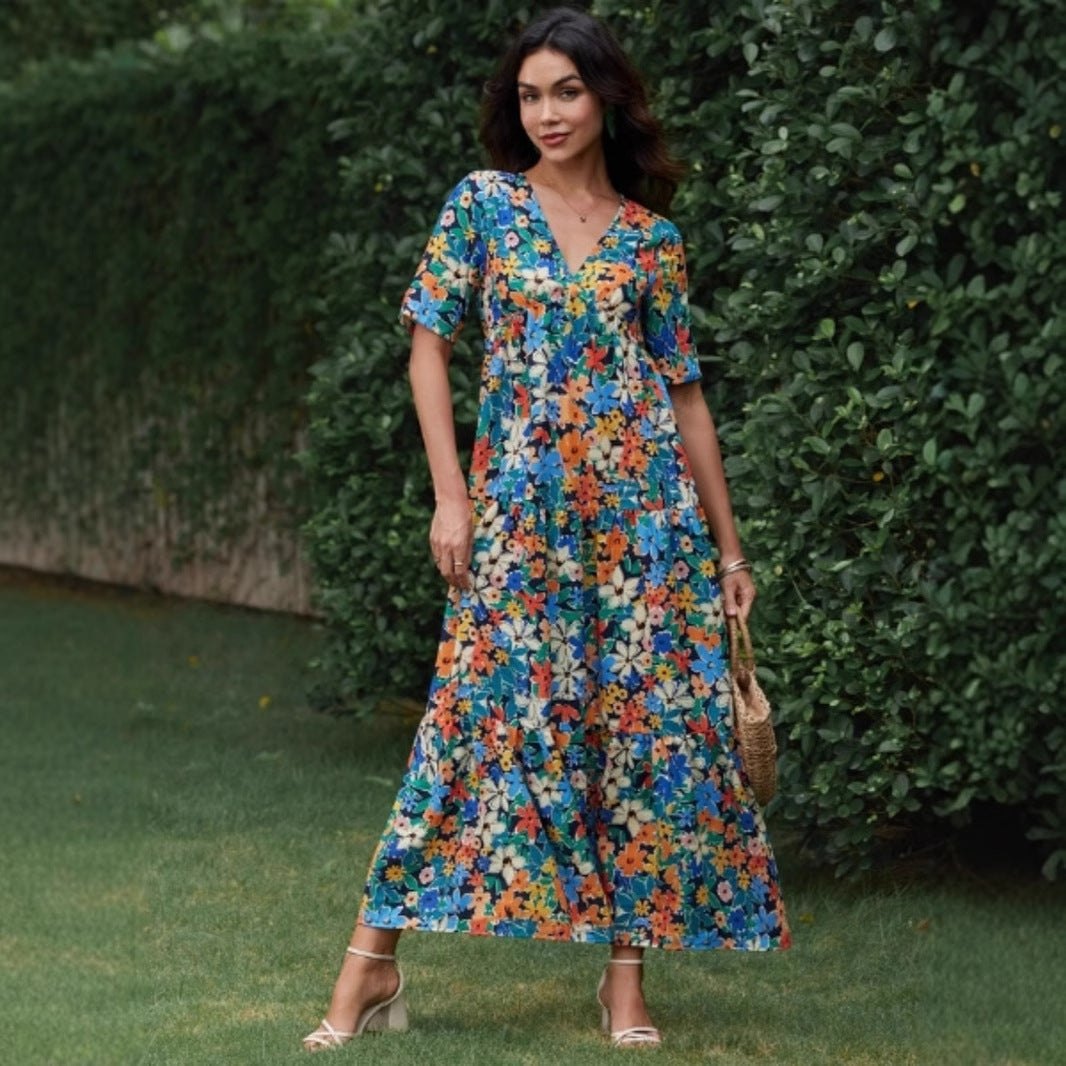 Kvinna Bohemisk Klänning V-hals Lång Polyester 3