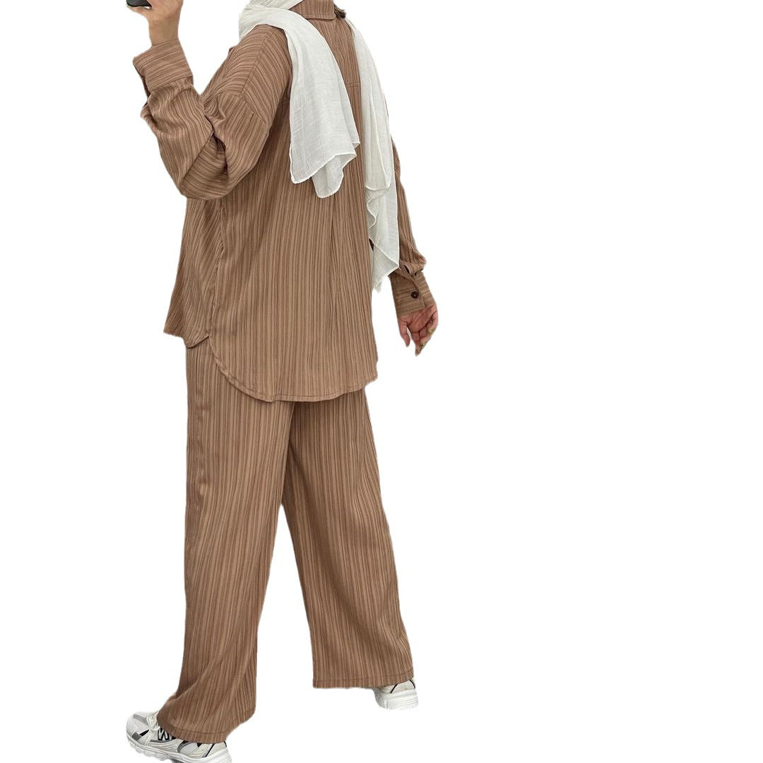 Dam Långärmad Skjorta och Raka Benbyxor Polyester Elegant Outfit-5