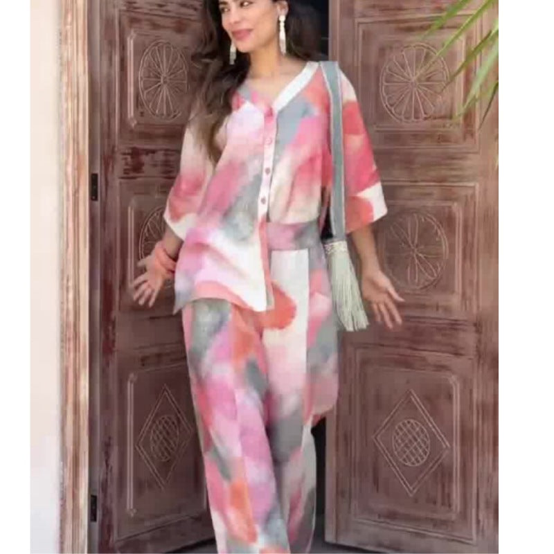 Dam Set Hög Midja Bredbenade Byxor Polyester Spandex-2