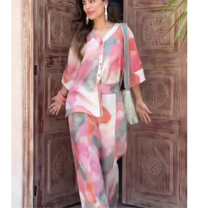 Dam Set Hög Midja Bredbenade Byxor Polyester Spandex-2