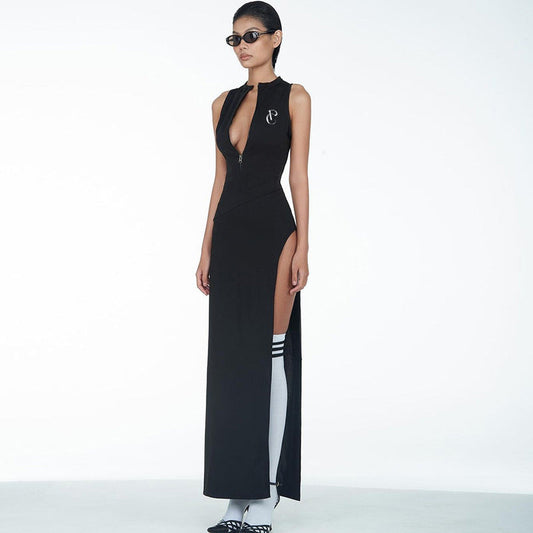 Svart Maxiklänning Dam med Slits och Zip Detalj i Stretchigt Material - Elegant Klänning för Fest och Tillfälle 1