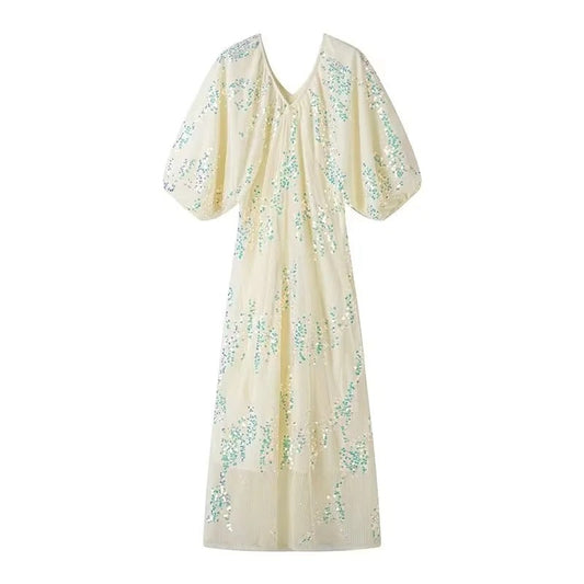 Dam Maxiklänning Voluminösa Ärmar Med Broderi-1