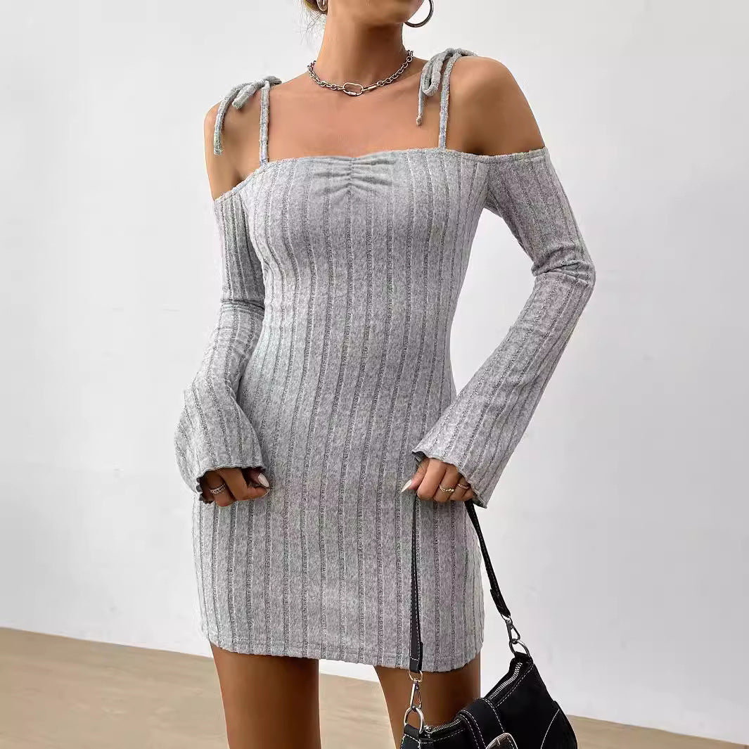 Dam Klänning Axelfri Stickad Stretchmaterial Elegant Långärmad-3