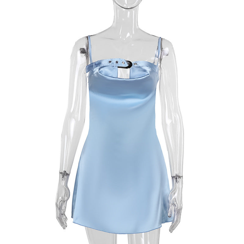 Variant image for Kvinnors Glittrig Miniklänning Satin V-hals Justerbara Spaghetti-bärare-2