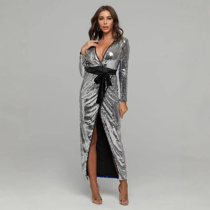 Dam Aftonklänning Långärmad V-ringning Paljetter Mini-5