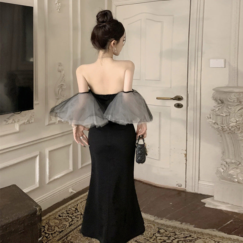 Dam Klänning Axelbandslös Fishtail Maxilängd med Fladderärmar i Polyester-4