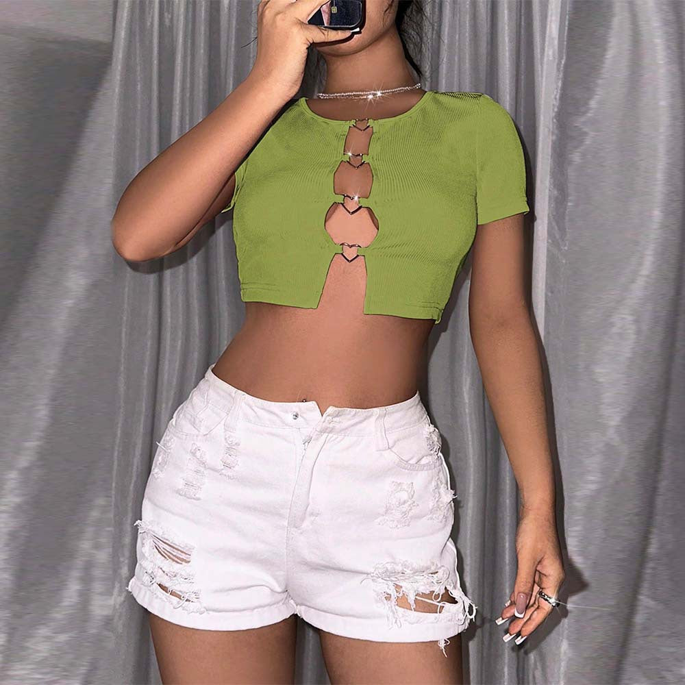 Kvinnor Crop Top Trendiga Utskärningar Elastisk Bomullsblandning-5