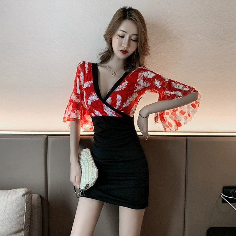 Dam Klänning Kort V-Neck Klockärmar Högkvalitativt Tyg-1