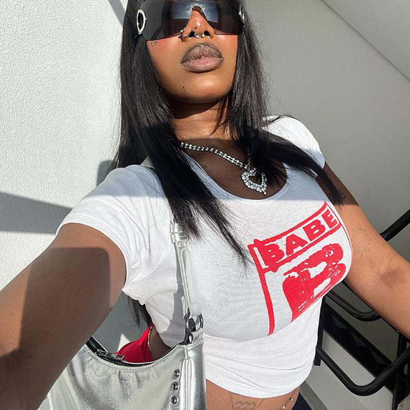 Dam Crop T-shirt Trendig Bomull med Tryck 2