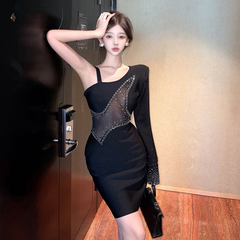 Kvinnors Bodycon Klänning En Axel Rippad Polyester-1