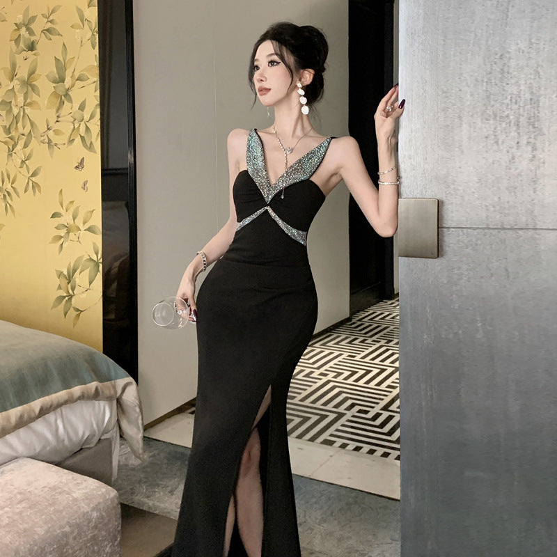 Kvinnors Lång Klänning V-Hals Ärmlös Högkvalitativt Tyg-2