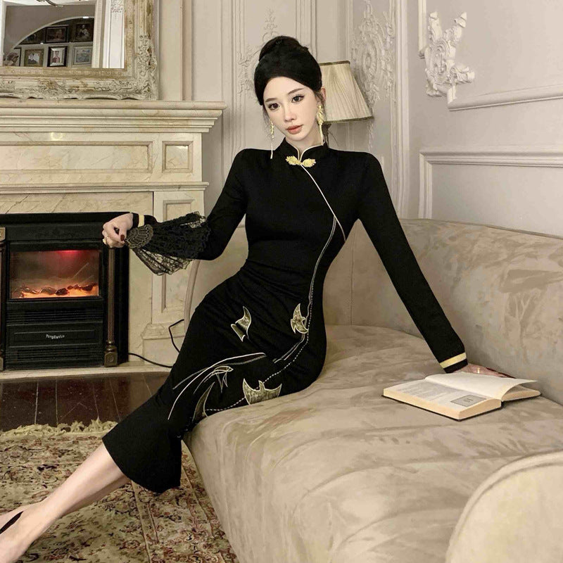 Dam Midi Klänning Broderad Långärmad Högkvalitativ Tygblandning 5