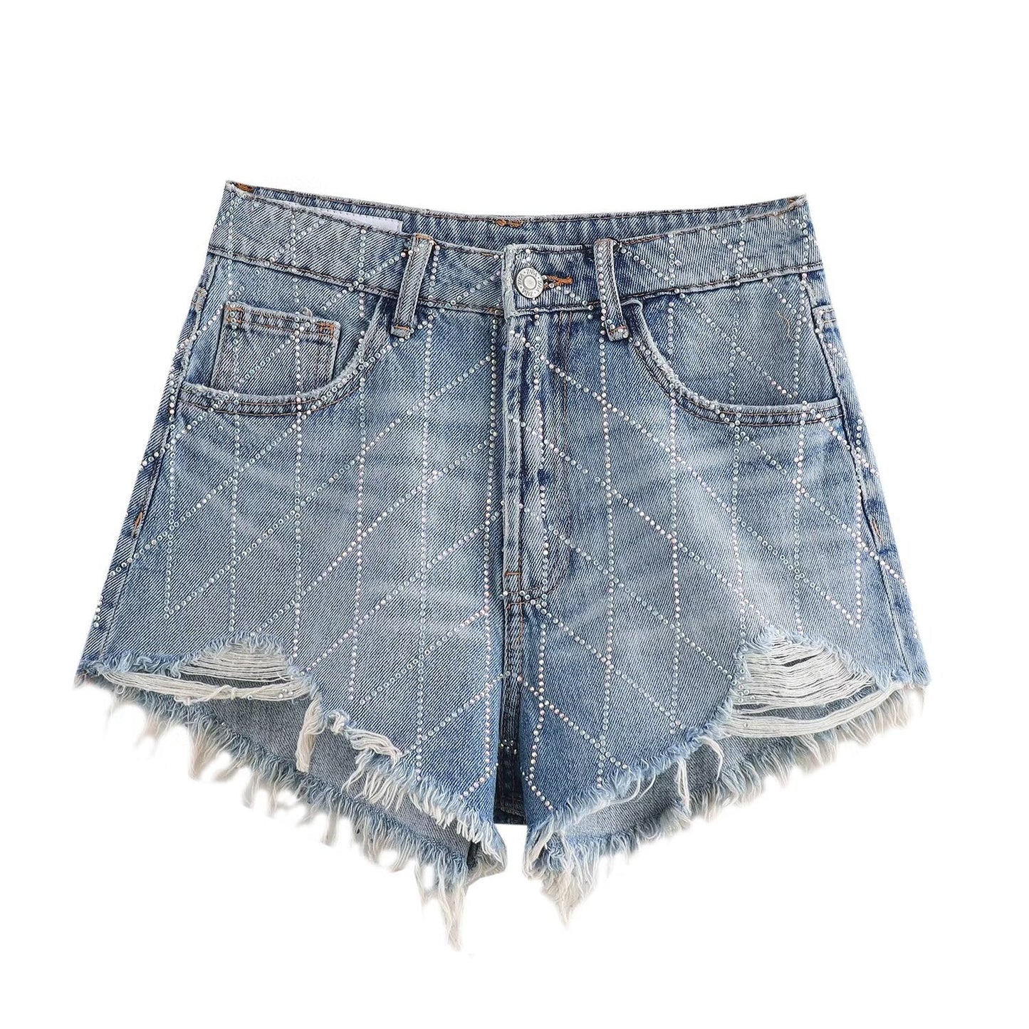 Högmidjade Denim Shorts för Kvinnor med Strassdetaljer och Trasiga Nederkanter – Komfortabel och Trendig Sommerstil 5