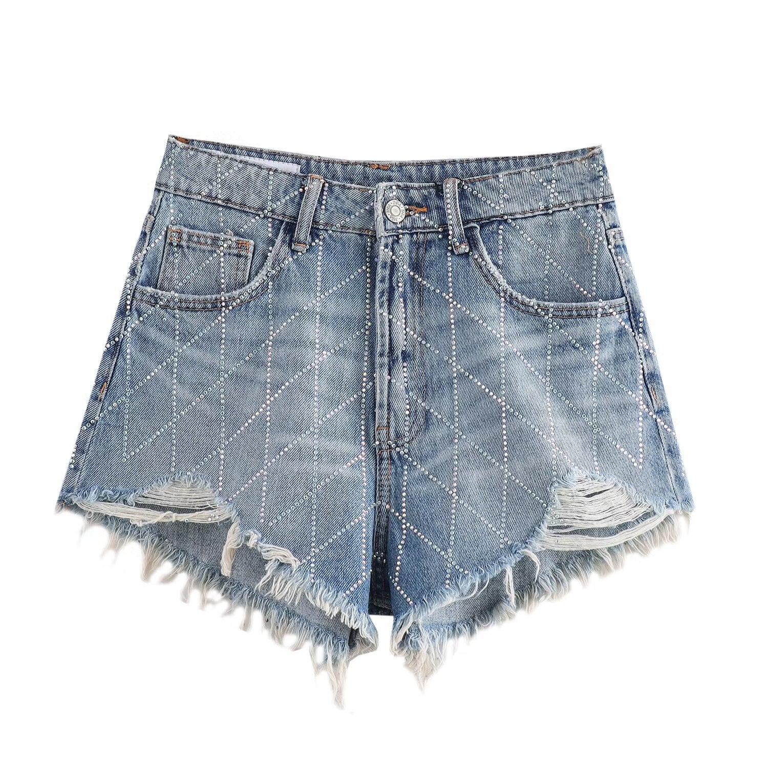 Högmidjade Denim Shorts för Kvinnor med Strassdetaljer och Trasiga Nederkanter – Komfortabel och Trendig Sommerstil 5