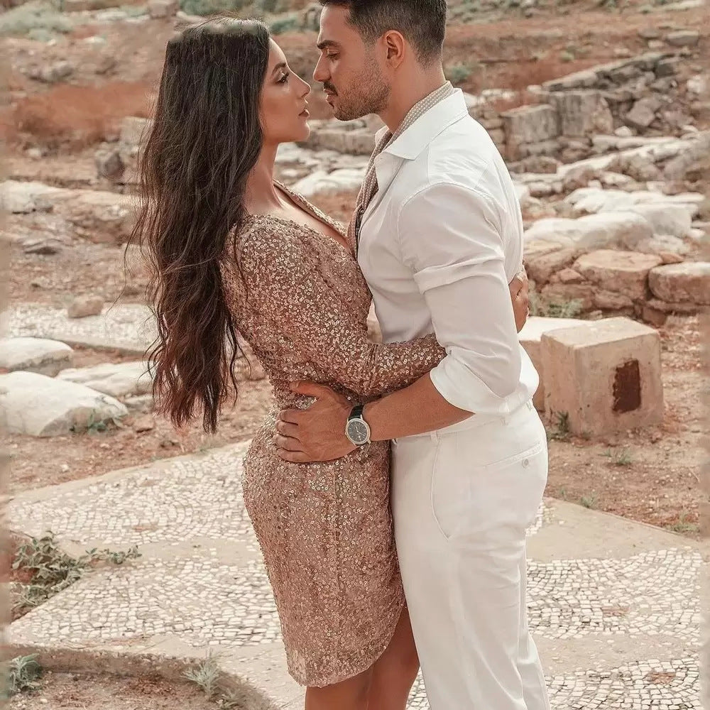 Dam Klänning Midi V-hals Patchwork Design Lång Ärmar-3