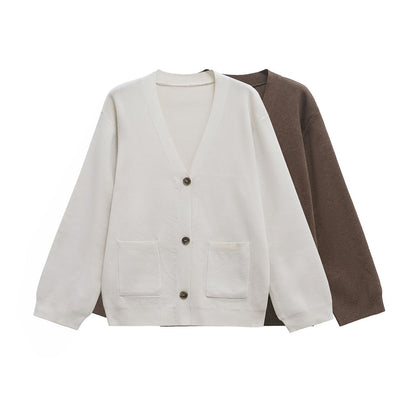 Dam Kardigan V-ringad Monokrom Mjuk Akrylblandning-2