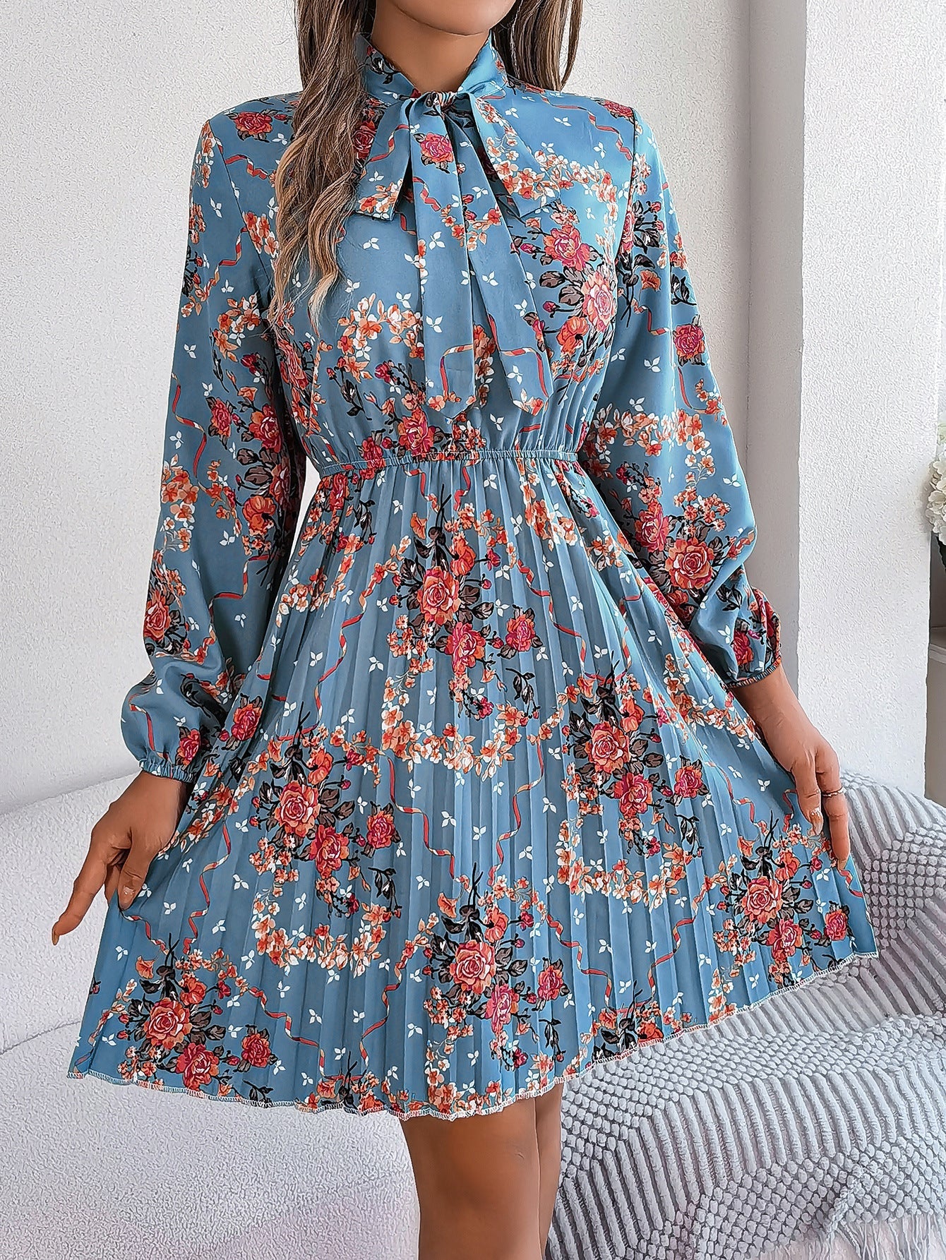 Variant image for Kvinna Midi Kjol Blommig Snörning Långärmad Polyester-13