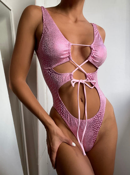 Variant image for Baddräkt Dam Utskuren Metalliskt Ormlädermönster Elastiska Tyger-1