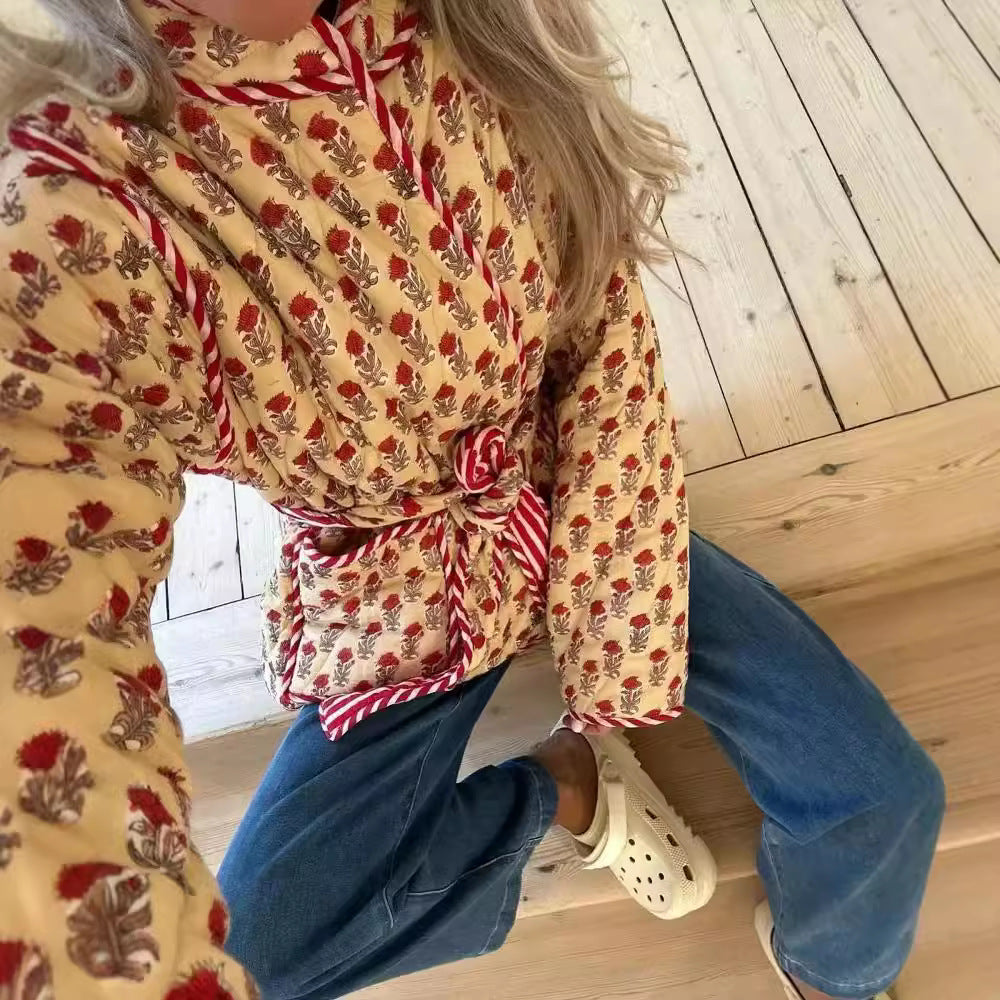 Kvinnor Blousonjacka Blommigt Tryck Andningsbar Material med Bindande Bälte 3