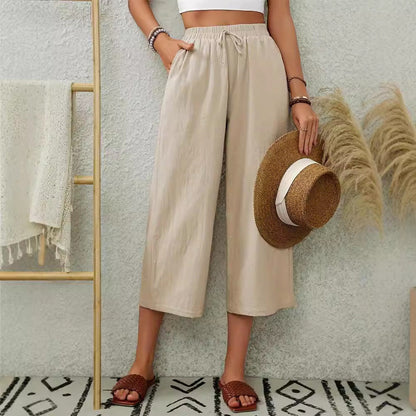 Dam Byxor Med Resår I Midjan Snygga Bred Snitt Andningsbart Linne 2