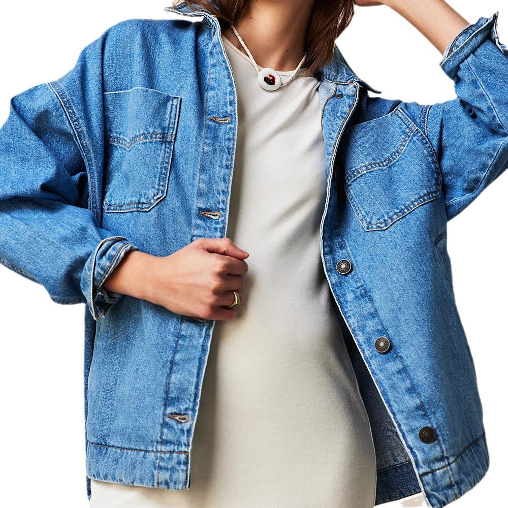 Dam Jeansjacka Urban Stil Tvättad Denim med Broderade Detaljer-5