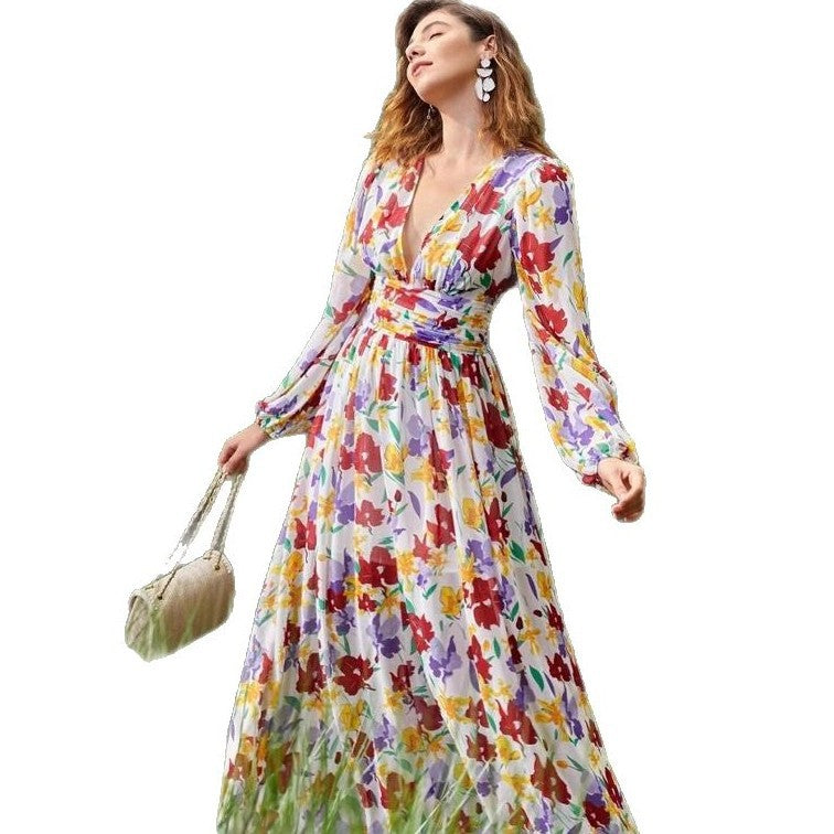 Kvinna A-Linjeformad Klänning Blommönster Polyester med Långa Ärmar-6