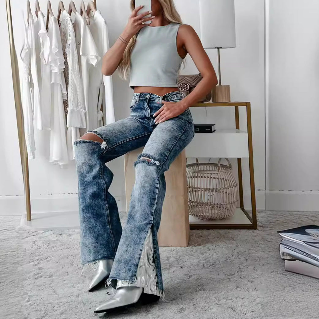 Dam Jeans Slitna Stretch Medelstor Midja Raka Ben-4